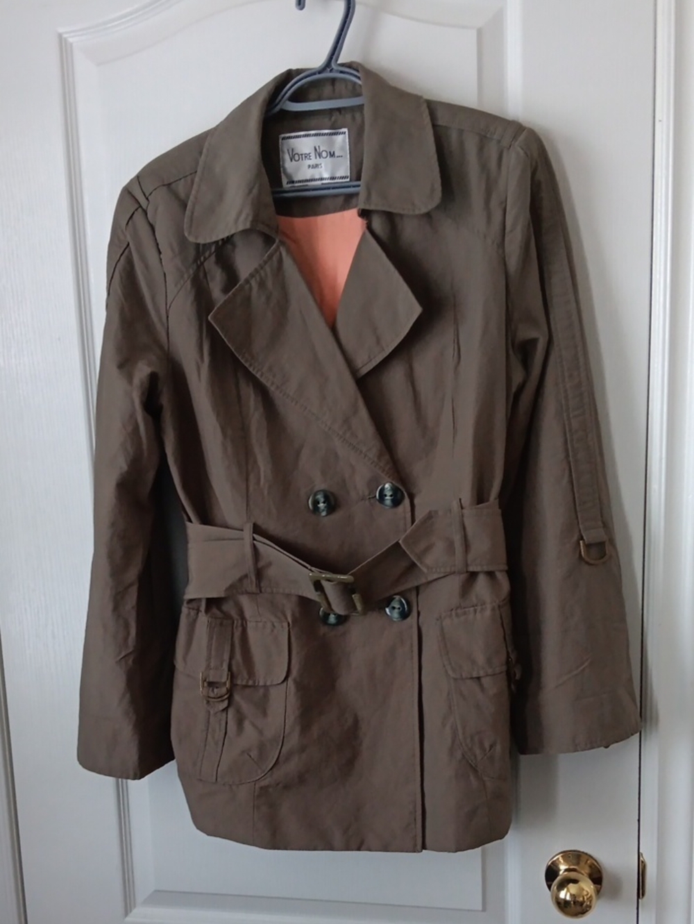 Votre Nom Olive-Green Double-Breasted Trench Coat with Belt